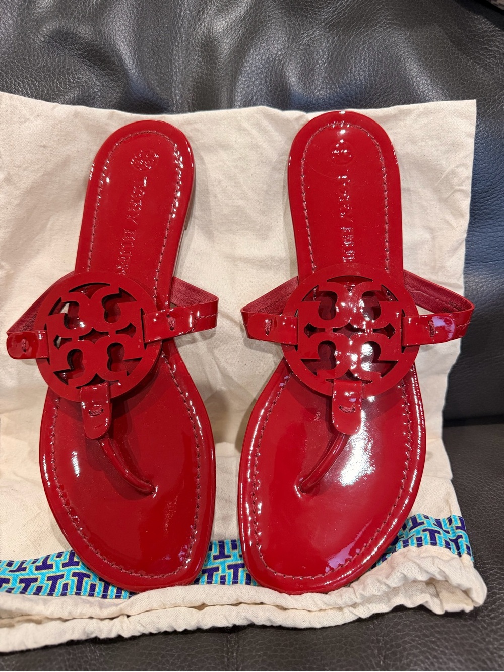 Tory Burch Red Patent Leather Logo Thong Sandals